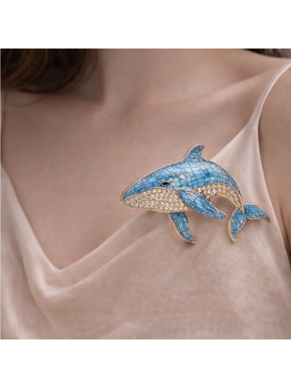 Anthropologie Blue and Gold Whale Brooch